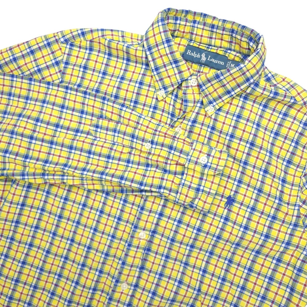 Ralph Lauren Shirt Mens Medium Yellow Plaid Lined Long Sleeve Double Cloth